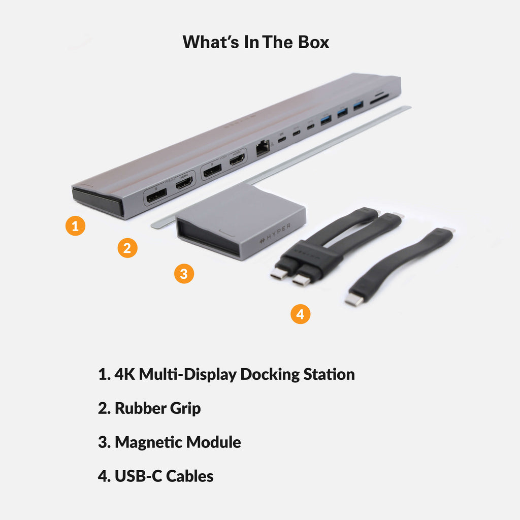 4K Multi-Display Docking Station, rubber grip, magnetic module, usb-c cables