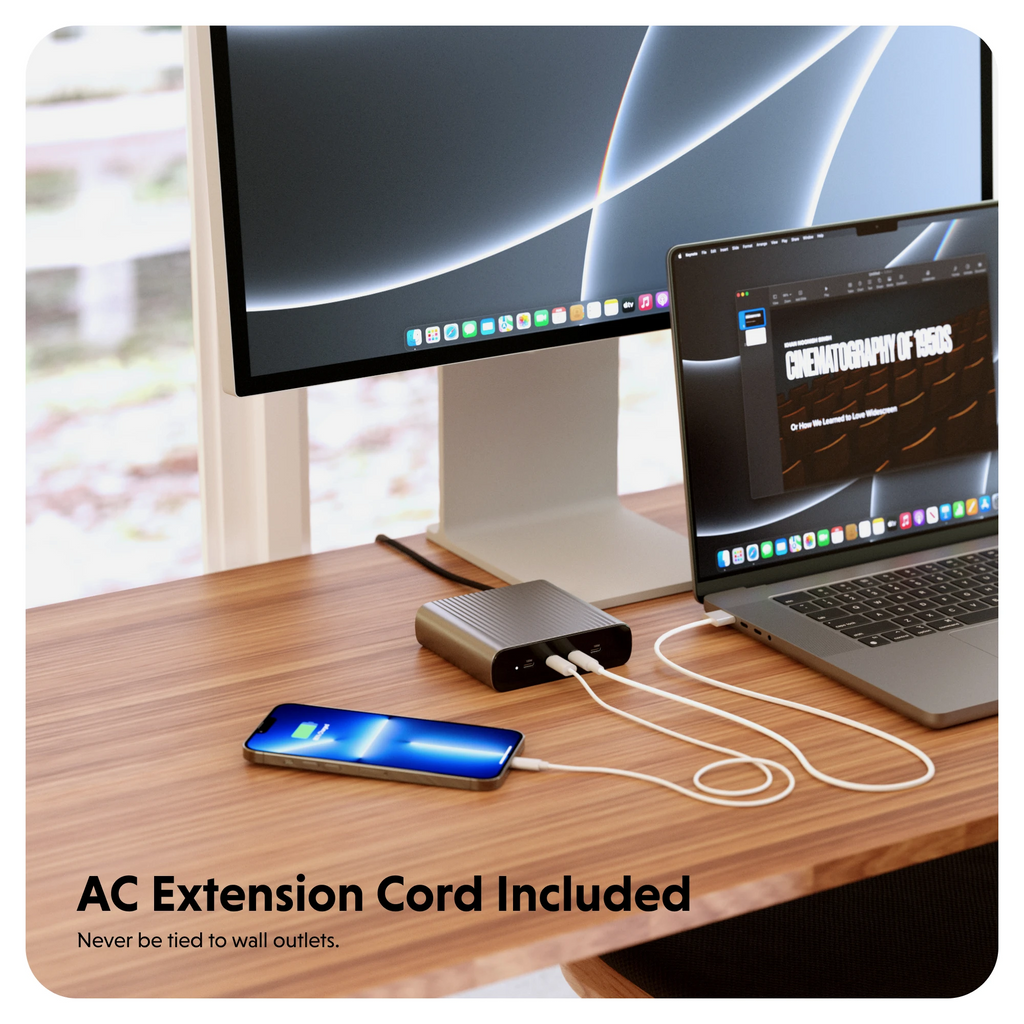 AC Extension Cord Included, never be tied to wall outlets