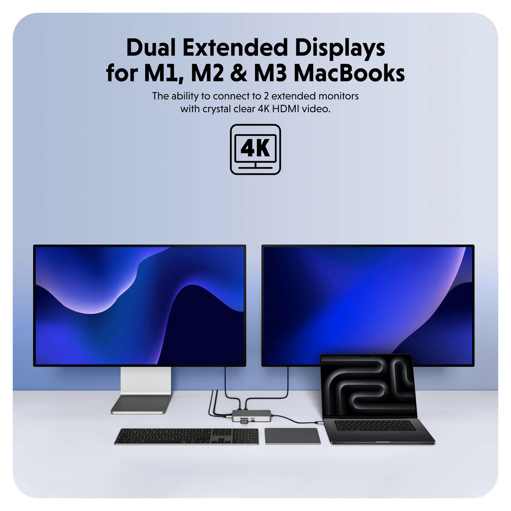 Dual Extended Displays for M1, M2 & M3 MacBooks - The ability to connect to 2 extended monitors with crystal clear 4K HDMI video