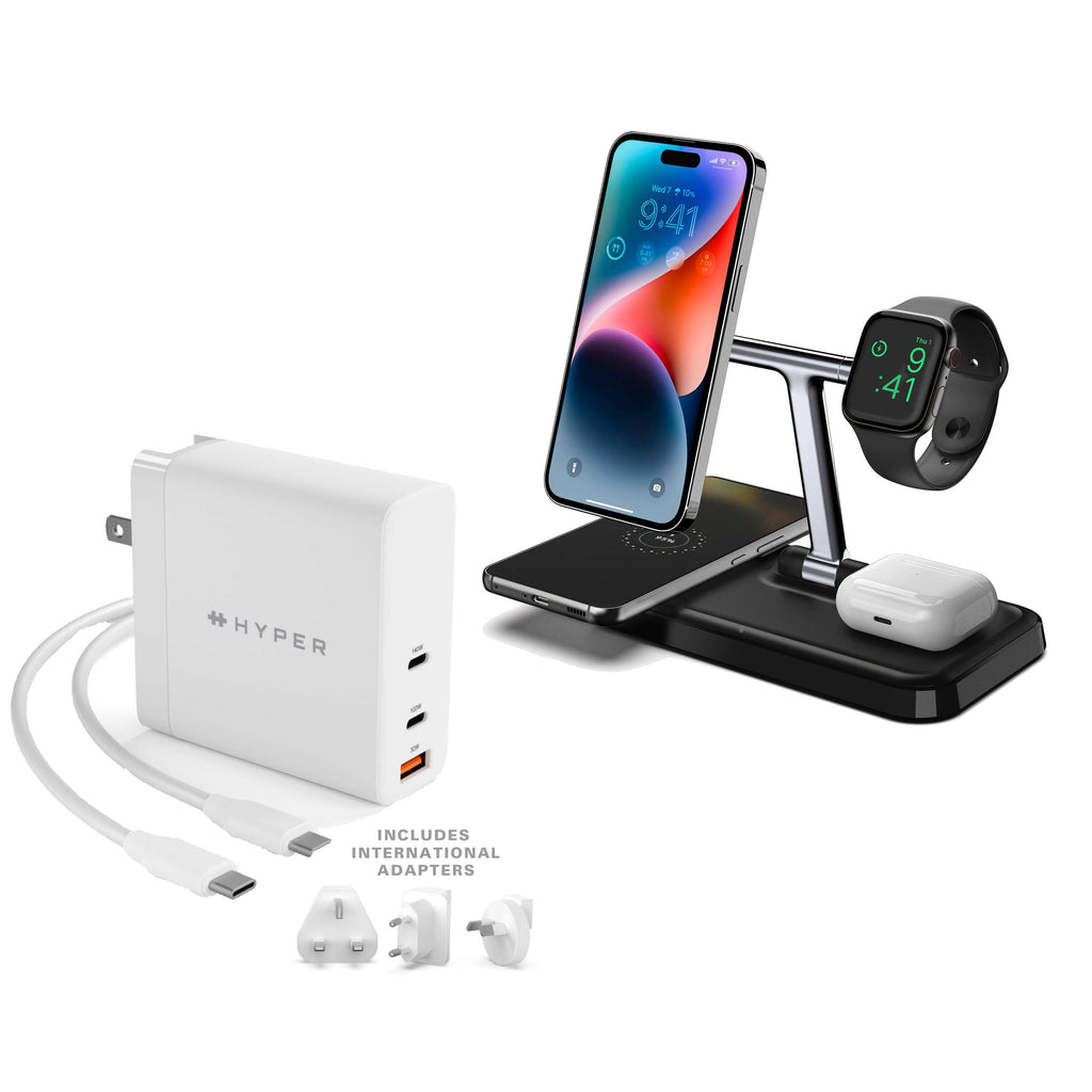 Power On - 4-in-1 Wireless Charge & 140W GaN Charger with International Adapters Bundle